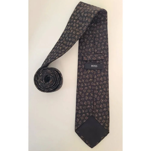HUGO BOSS Men's 100% Silk 58" Neck Tie in Black with Brown Flowers - Picture 3 of 6